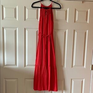 Banana Republic Coral-Red Halter Tie-Neck Maxi Dress